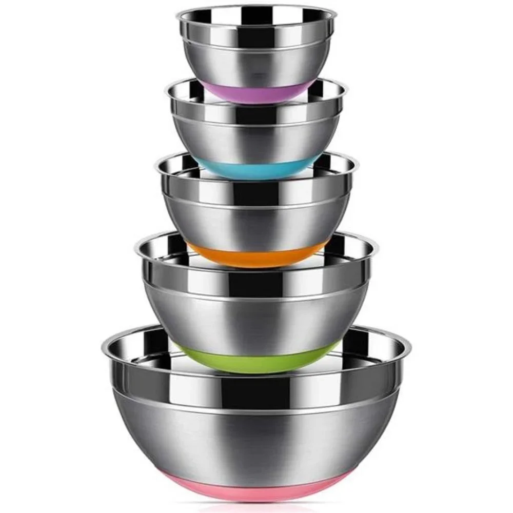 Set of 5 Stainless Steel Mixing Bowls Non Slip Colorful Silicone Bottom